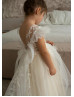 Ivory Sequined Lace Nude Tulle Flower Girl Dress With Detachable Train